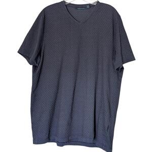 Perry Ellis Shirt Mens XL Navy Blue V Neck Short‎ Sleeve Textured Checkered